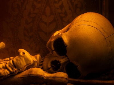 a human skull and part of a skeleton lying on the ground seen on a hotel of horrors escape room experience