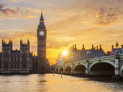 big ben and westminster bridge at sunset