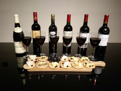 bottles of red wine with a platter of cheese and crackers on a wine tasting experience with wine cottage