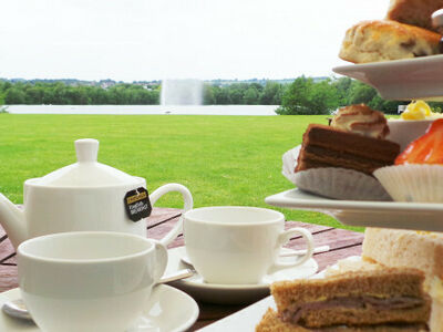afternoon tea set up on a table outside in the gardens of the crown plaza hotel