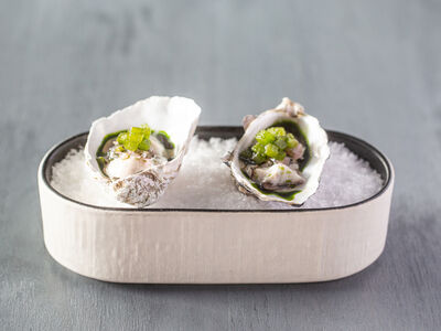 two oysters on ice as part of a tasting menu dining experience with a celebrity chef in worcestershire